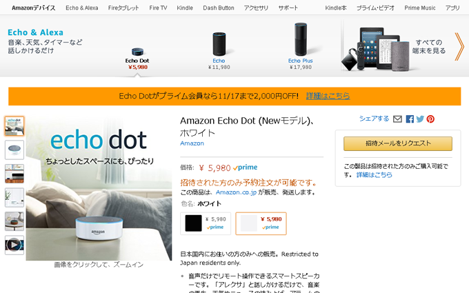 Amazon Echo Dot 招待メールをリクエスト ボタン